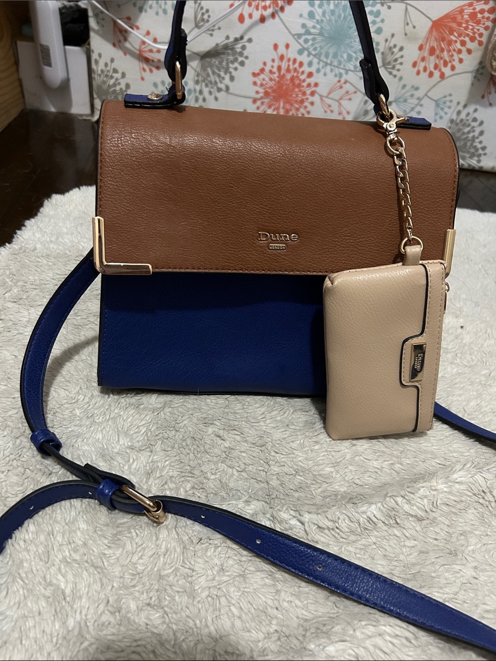 Dune London Brown, Blue & Beige Colorblock Leather Satchel with Coin Wallet